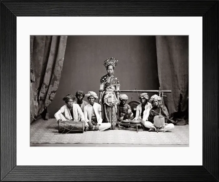 Framed Print : Dutch East Indies, Java, Indonesia, dancer with musicians Framed Print : Dutch East Indies, Java, Indonesia, dancer with musicians