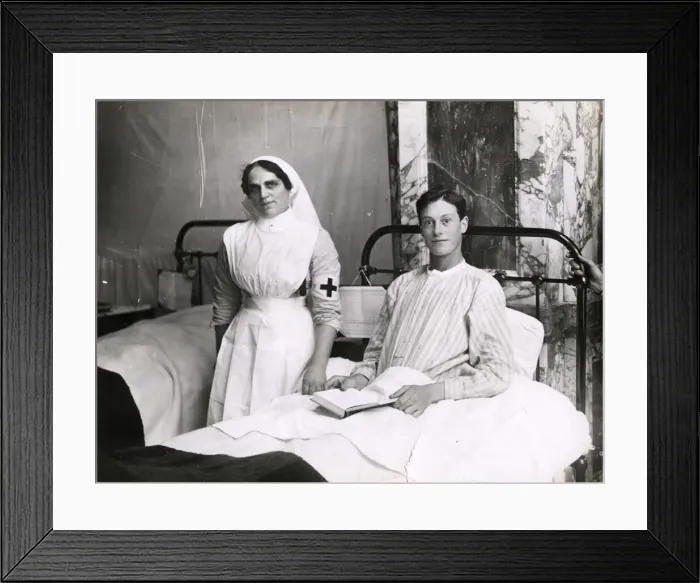 Framed Print : WWI: soldier in military hospital, with nurse Framed Print : WWI: soldier in military hospital, with nurse