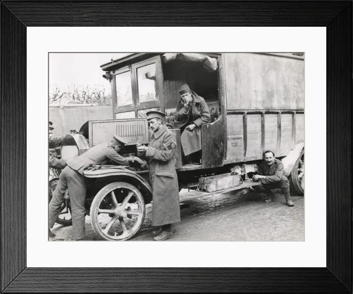 Framed Print : WWI: British soldiers with captured German vehicle Framed Print : WWI: British soldiers with captured German vehicle
