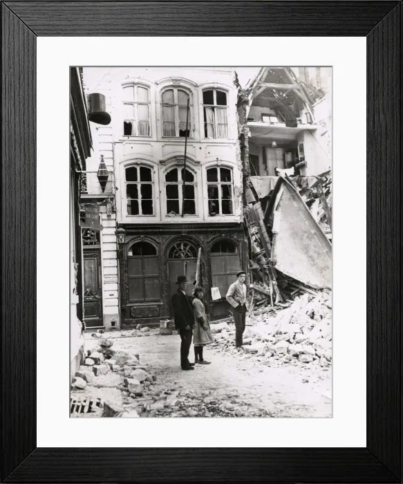Framed Print : WWI: Damaged houses in Mechelen, Malines, Belgium Framed Print : WWI: Damaged houses in Mechelen, Malines, Belgium