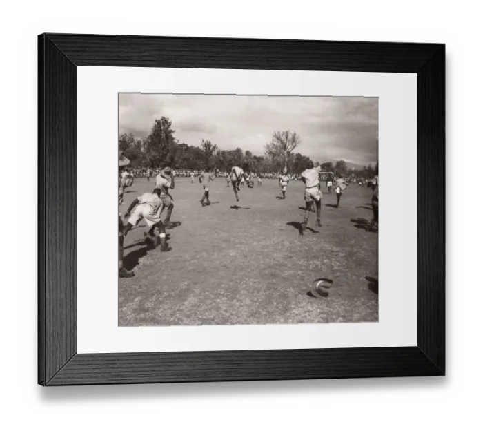 Framed Print : 1940s East Africa - soldiers playing football in camp Framed Print : 1940s East Africa - soldiers playing football in camp