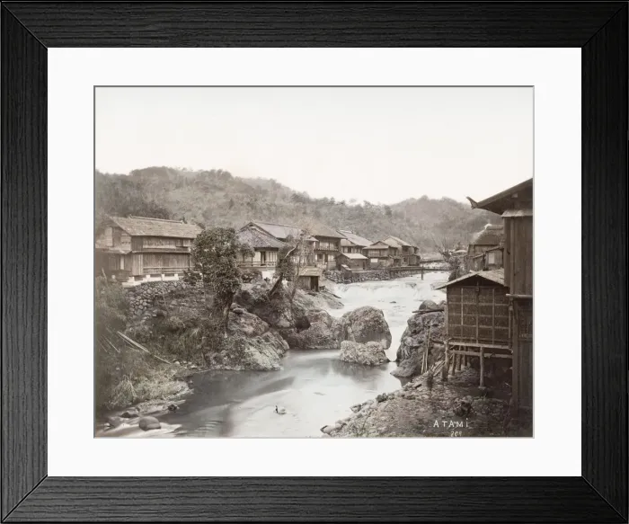 Framed Print : Japan - village of Atami, with river and weir Framed Print : Japan - village of Atami, with river and weir