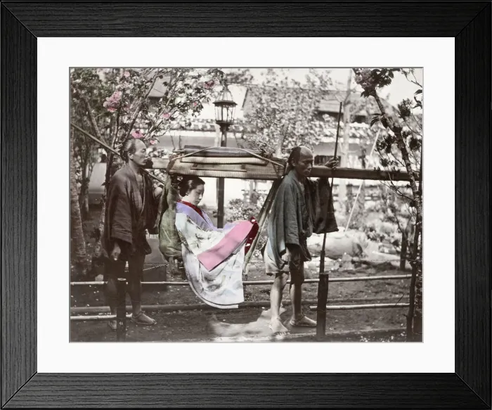 Framed Print : Japan - woman with porters in a kago or carrying chair