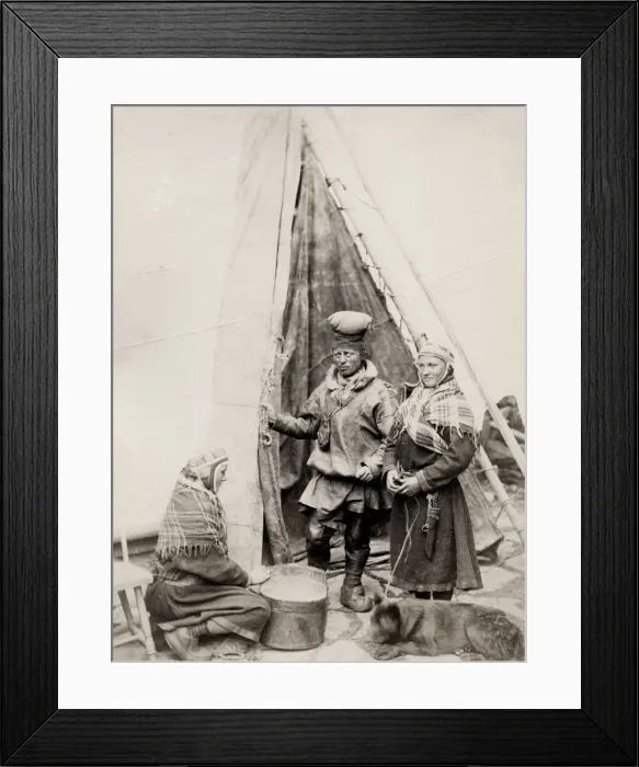 Framed Print : Sami people and their dog outside a tent Finnmarken, Norway Framed Print : Sami people and their dog outside a tent Finnmarken, Norway