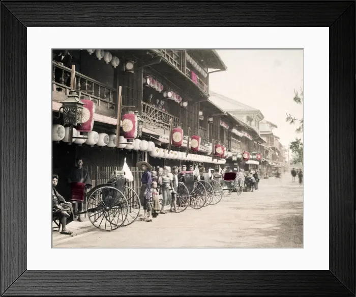 Framed Print : Street filled with rickshaws, jinrikishas, Japan, c. 1890 s Framed Print : Street filled with rickshaws, jinrikishas, Japan, c. 1890 s