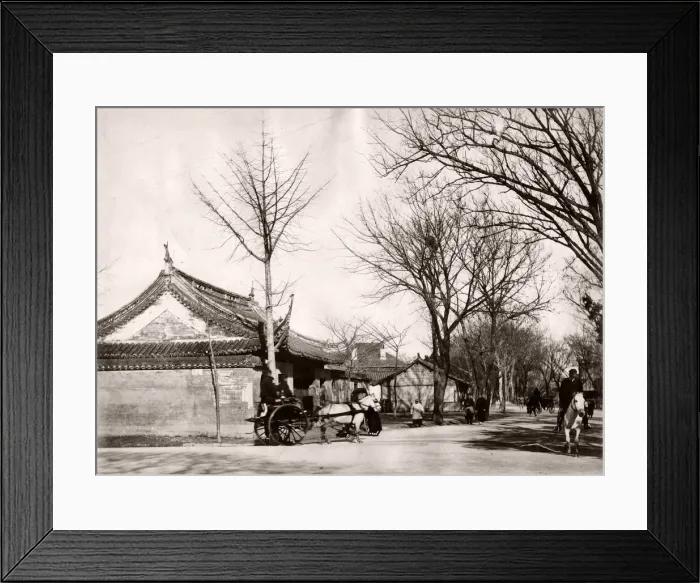 Framed Print : Street corne, r pony and trap likely Shangahi, China, c. 1890 s Framed Print : Street corne, r pony and trap likely Shangahi, China, c. 1890 s