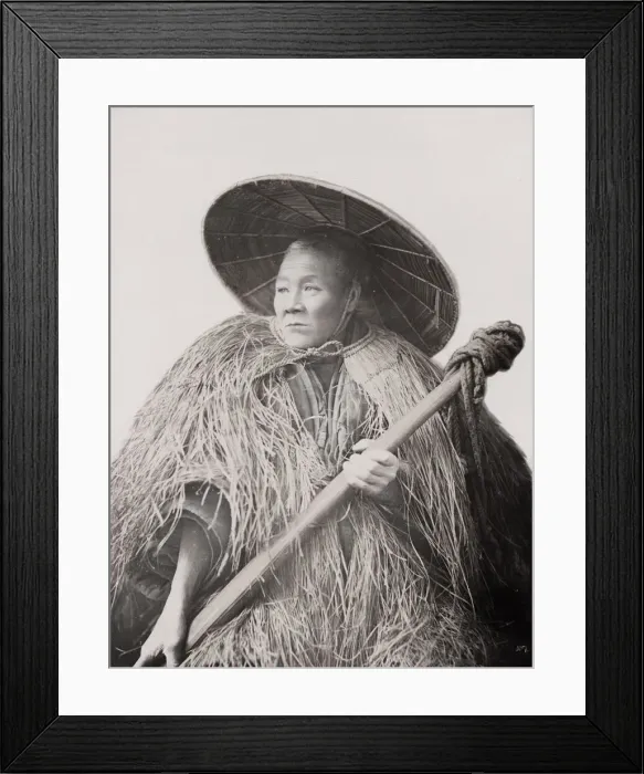 Framed Print : Farm worker or coolie with grass coat, Japan Framed Print : Farm worker or coolie with grass coat, Japan