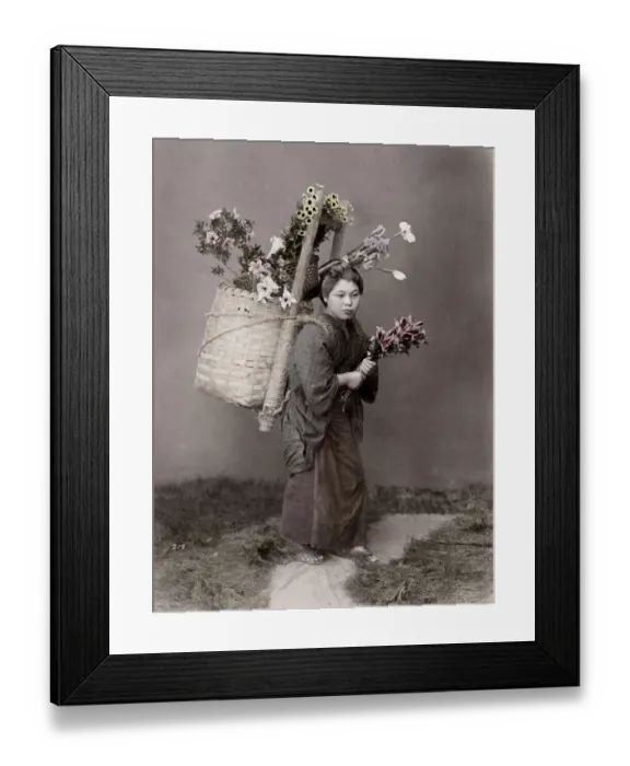 Framed Print : Country woman with basket of flowers, flower vendor, Japan Framed Print : Country woman with basket of flowers, flower vendor, Japan