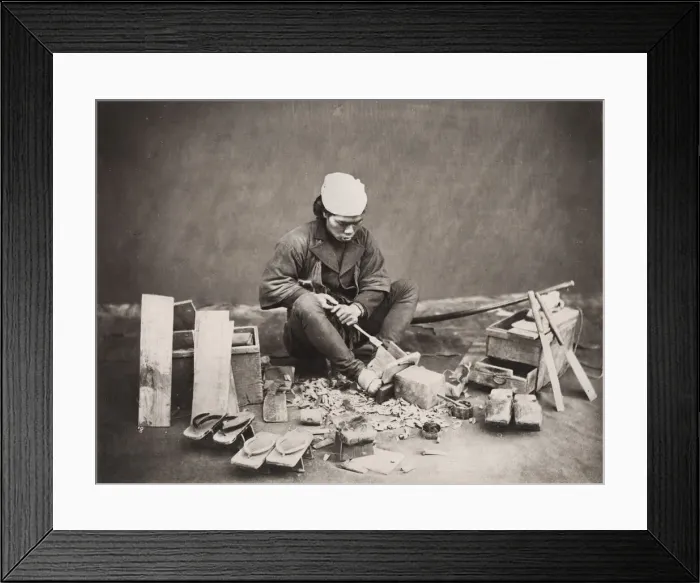 Framed Print : Carpenter, shoe maker making wooden shoes, Japan Framed Print : Carpenter, shoe maker making wooden shoes, Japan