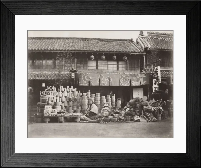 Framed Print : Shop selling containers and wicker baskets, Japan, 1870 s Framed Print : Shop selling containers and wicker baskets, Japan, 1870 s