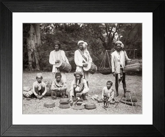 Framed Print : Snake charmers and drummers, India, c. 1890 Framed Print : Snake charmers and drummers, India, c. 1890