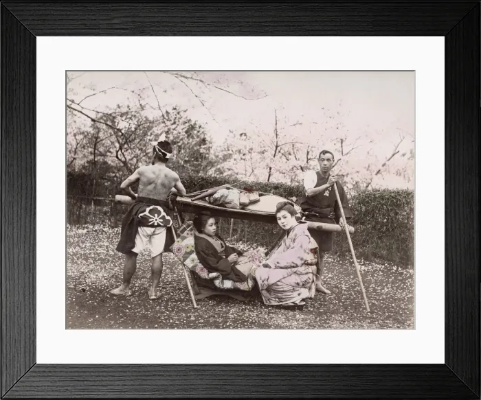 Framed Print : c. 1880s Japan - woman in sedan chair, tattooed bearers Framed Print : c. 1880s Japan - woman in sedan chair, tattooed bearers