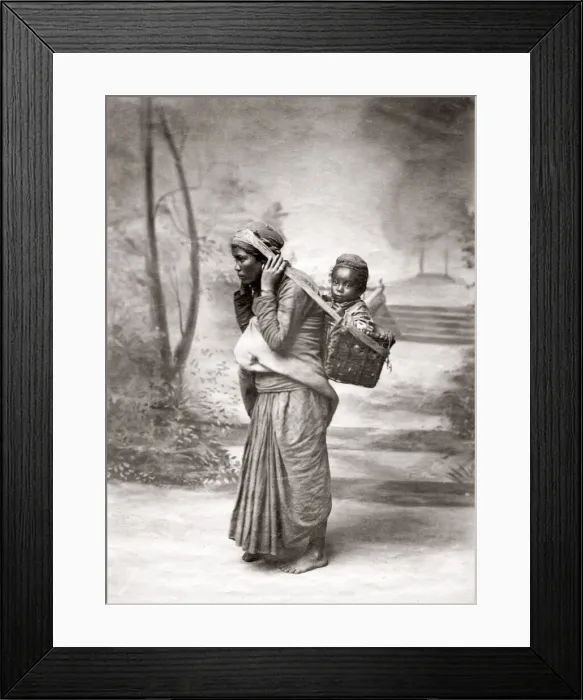 Framed Print : Woman carrying a child in a basket, India, c. 1880 s Framed Print : Woman carrying a child in a basket, India, c. 1880 s