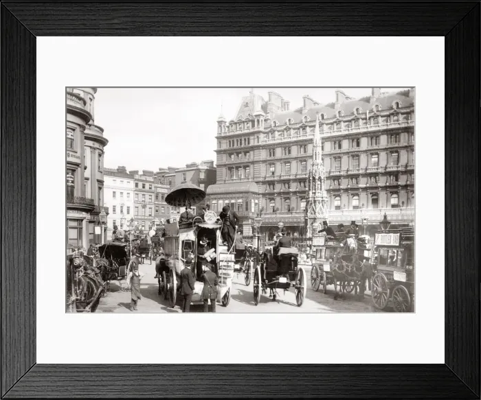 Framed Print : Horses, carriages, Charing Cross Hotel, London, c. 1880 s Framed Print : Horses, carriages, Charing Cross Hotel, London, c. 1880 s