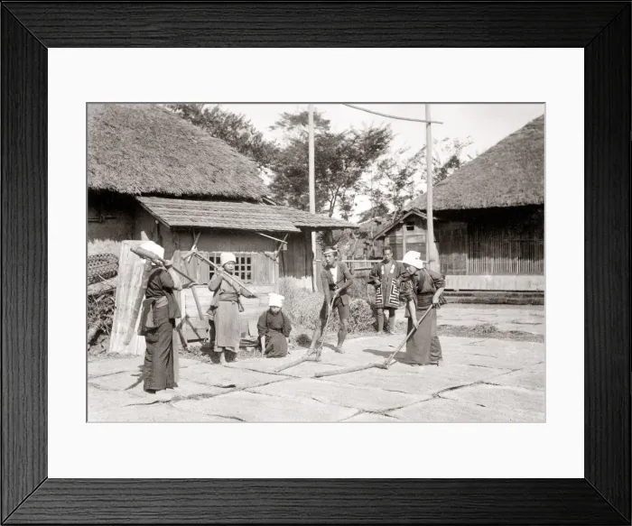 Framed Print : Theshing grain with flails, Japan, c. 1880 s Framed Print : Theshing grain with flails, Japan, c. 1880 s