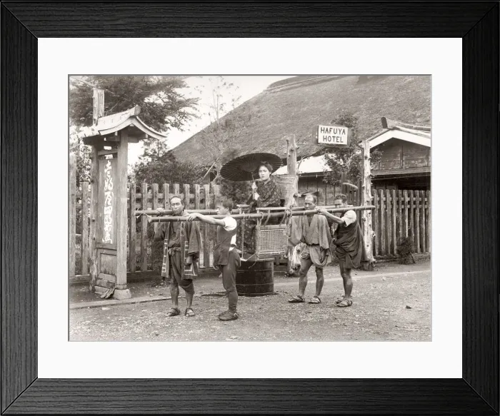 Framed Print : Sedan chair and bearers, Hafuya Hotel, Japan, c. 1880 s Framed Print : Sedan chair and bearers, Hafuya Hotel, Japan, c. 1880 s