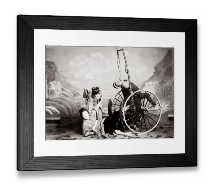 Framed Print : c. 1880s Japan - a rickshaw accident, studio tableau Framed Print : c. 1880s Japan - a rickshaw accident, studio tableau