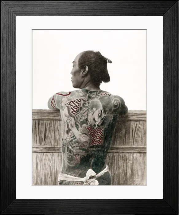 Framed Print : c. 1880s Japan - man with ornate tattoo on his back Framed Print : c. 1880s Japan - man with ornate tattoo on his back