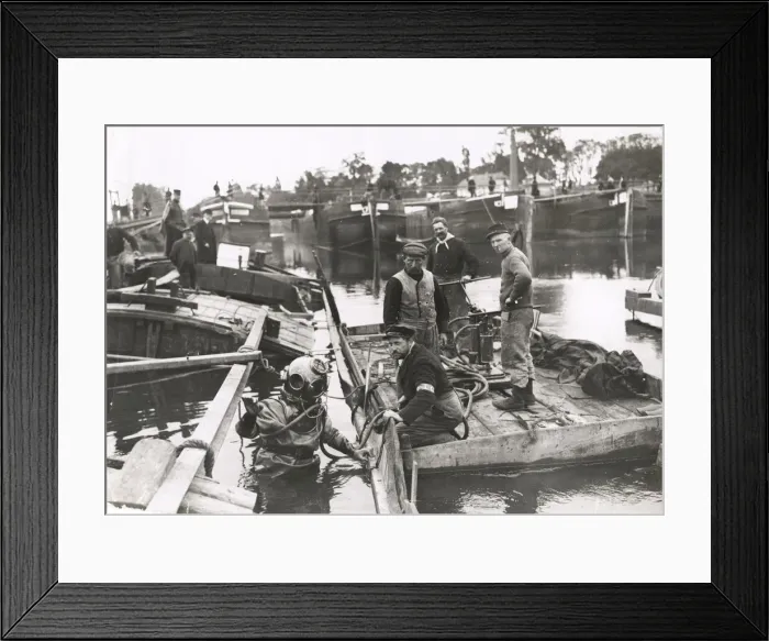 Framed Print : WWI: divers clearing sunken pontoon bridge, River Oise Framed Print : WWI: divers clearing sunken pontoon bridge, River Oise
