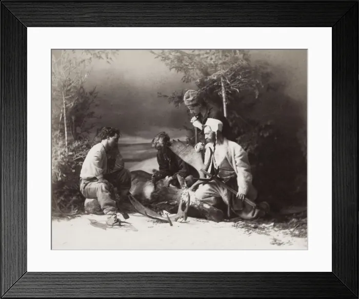 Framed Print : Hunters skinning a deer in snow, Canada Framed Print : Hunters skinning a deer in snow, Canada