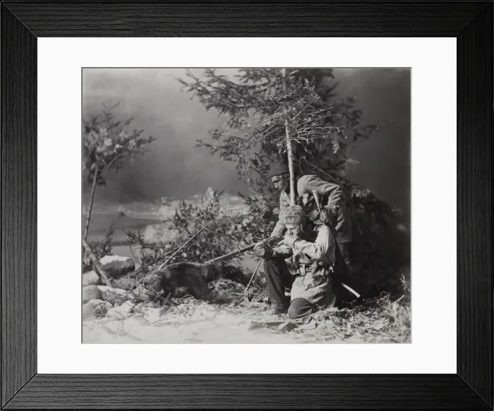 Framed Print : Hunters with guns out shooting in the snow, Canada Framed Print : Hunters with guns out shooting in the snow, Canada