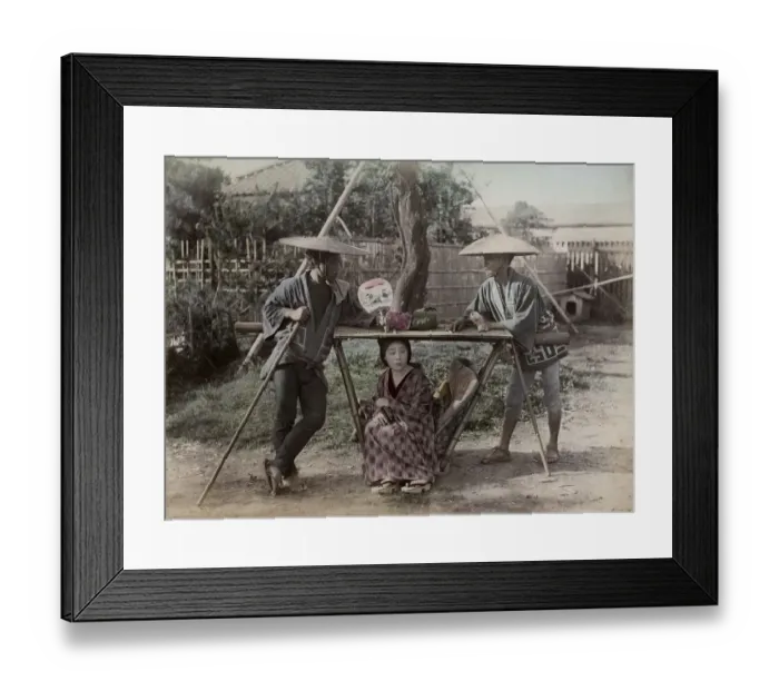Framed Print : Young woman in carrying chair, kago, Japan, with porters Framed Print : Young woman in carrying chair, kago, Japan, with porters