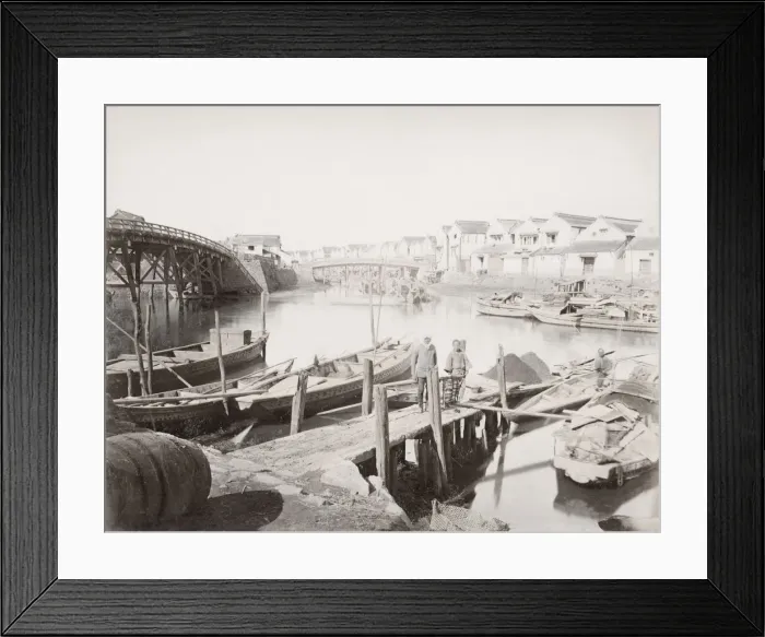 Framed Print : Wharf with boats and boatmen, Japan Framed Print : Wharf with boats and boatmen, Japan