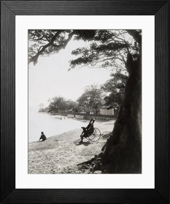 Framed Print : Rickshaw on beach, Honmuku, Yokohama, Japan Framed Print : Rickshaw on beach, Honmuku, Yokohama, Japan