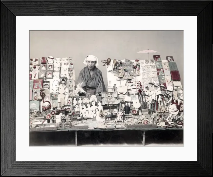 Framed Print : Curio and souvenir seller, Japan, c. 1890 s Framed Print : Curio and souvenir seller, Japan, c. 1890 s