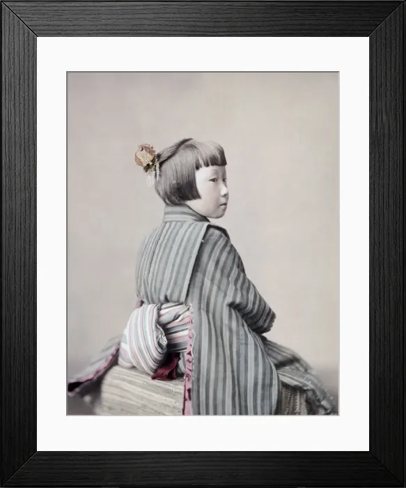 Framed Print : Young girl in Kimino showing her obi sash, Japan, c, 1890 Framed Print : Young girl in Kimino showing her obi sash, Japan, c, 1890