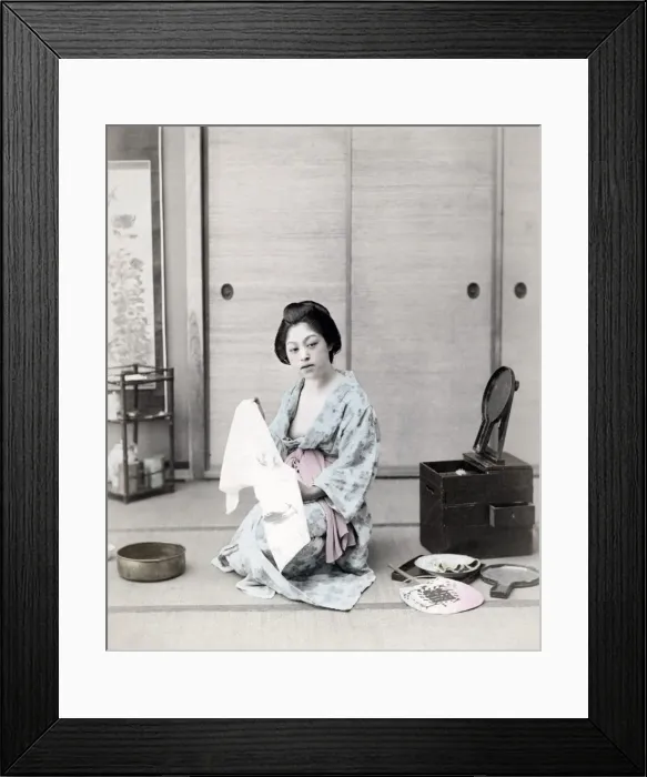 Framed Print : Young woman washing and dressing, Japan, c. 1880 s Framed Print : Young woman washing and dressing, Japan, c. 1880 s