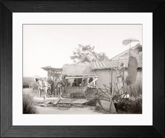 Framed Print : Water wheel irrigation, roadside food stall, Japan, c. 1870 s Framed Print : Water wheel irrigation, roadside food stall, Japan, c. 1870 s