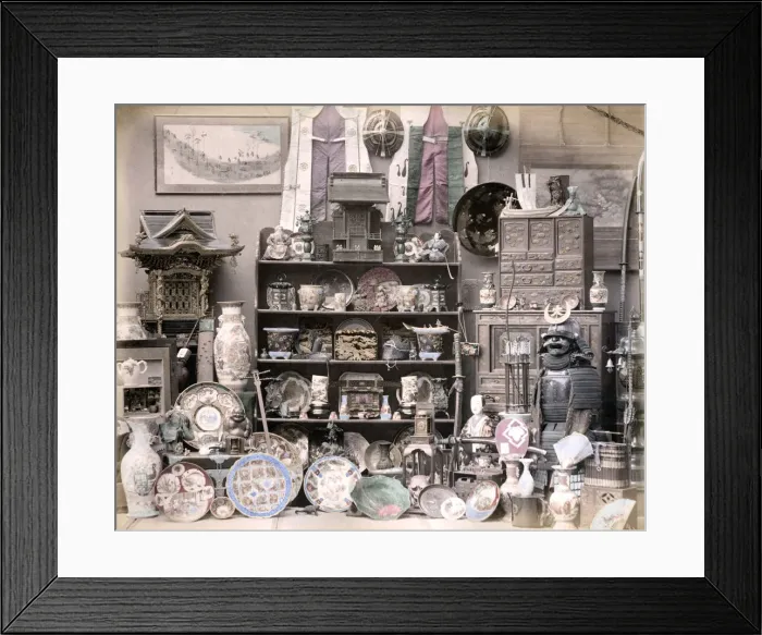 Framed Print : c. 1880s Japan - curio or souvenir stall Framed Print : c. 1880s Japan - curio or souvenir stall