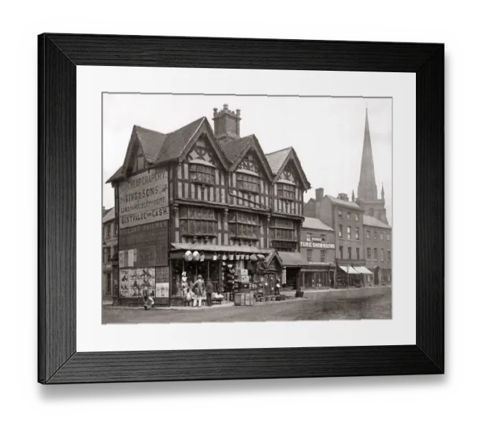 Framed Print : Busy shopfront, English town, c. 1880 s Framed Print : Busy shopfront, English town, c. 1880 s