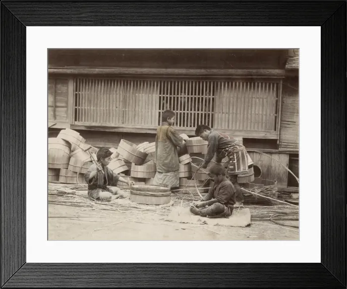 Framed Print : Japanese barrel makers, coopers at work, Japan Framed Print : Japanese barrel makers, coopers at work, Japan