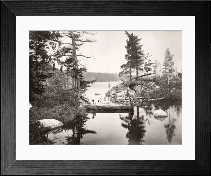 Framed Print : c. 1880s bark canoe on a lake, NW USA or BC, Canada Framed Print : c. 1880s bark canoe on a lake, NW USA or BC, Canada