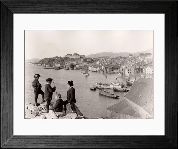 Framed Print : View of Bergen, boats and children, Norway. c. 1900 Framed Print : View of Bergen, boats and children, Norway. c. 1900