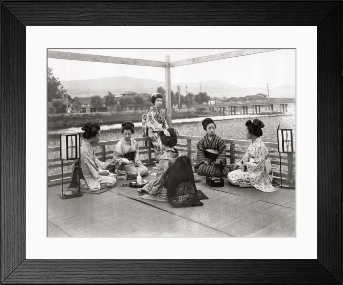 Framed Print : Geishas on a teahouse balcony, Japan, c. 1880 s Framed Print : Geishas on a teahouse balcony, Japan, c. 1880 s