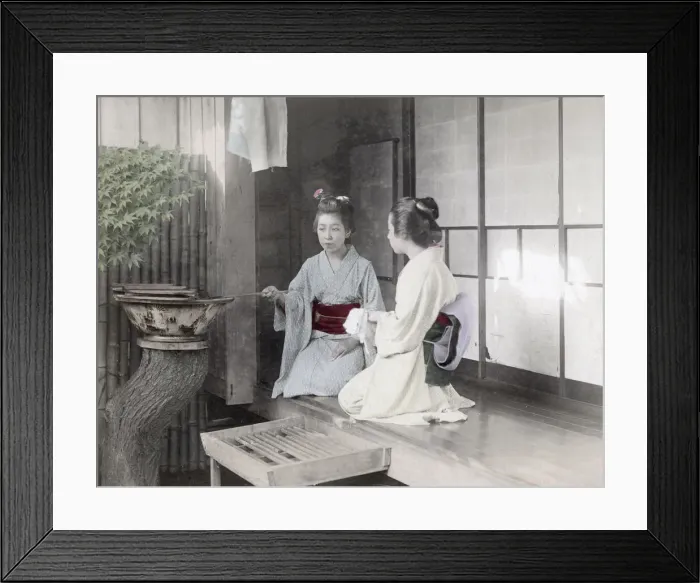 Framed Print : Geishas on tea house veranda, Japan, c. 1890 Framed Print : Geishas on tea house veranda, Japan, c. 1890