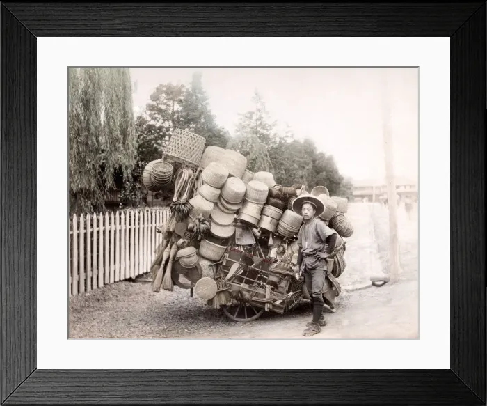 Framed Print : c. 1880s Japan - basket and broom vendor seller Framed Print : c. 1880s Japan - basket and broom vendor seller