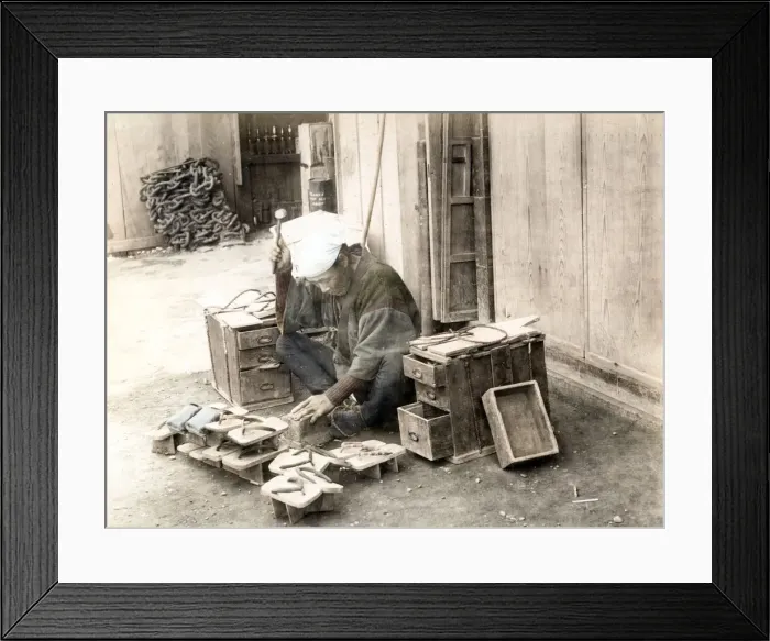 Framed Print : c. 1880s Japan - cobbler / shoe maker at work Framed Print : c. 1880s Japan - cobbler / shoe maker at work
