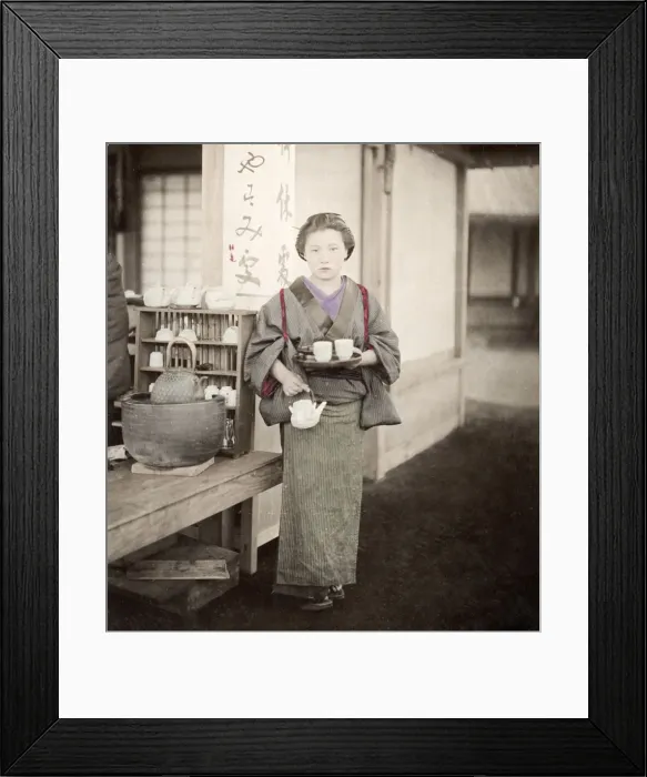 Framed Print : c. 1880s Japan - serving girl in a tea house Framed Print : c. 1880s Japan - serving girl in a tea house