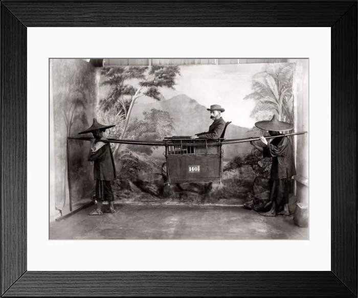 Framed Print : c. 1880s China - man in a sedan chair with bearers Framed Print : c. 1880s China - man in a sedan chair with bearers