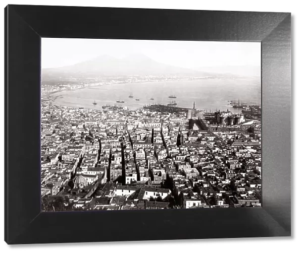 c. 1880s Italy Naples city, Mediterranean and Mount Vesuvius
