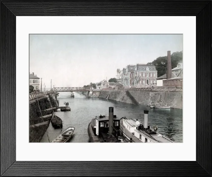 Framed Print : c. 1880s Japan - boats in the creek Yokohama Framed Print : c. 1880s Japan - boats in the creek Yokohama