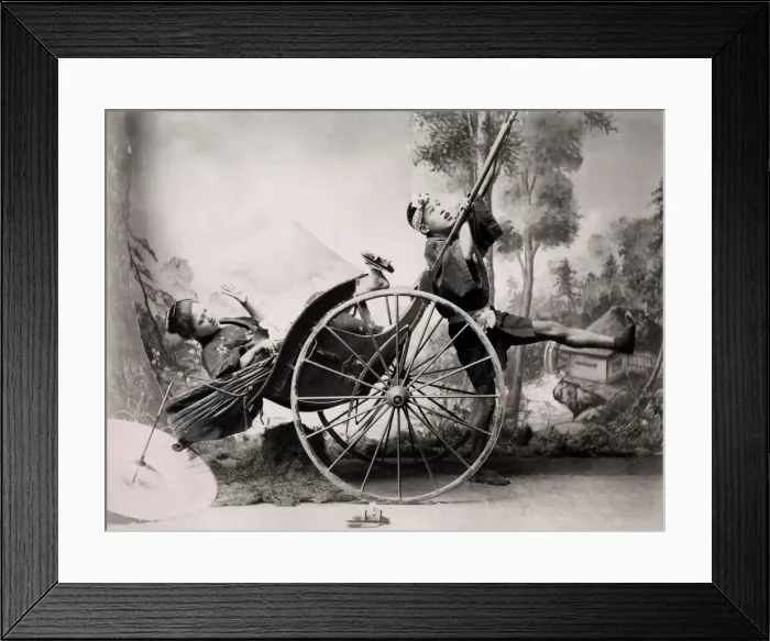 Framed Print : c. 1880s Japan - rickshaw accident - studio tableau Framed Print : c. 1880s Japan - rickshaw accident - studio tableau