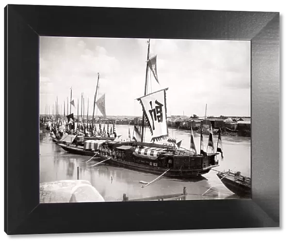 c. 1880s China - Chinese river boats at a quay