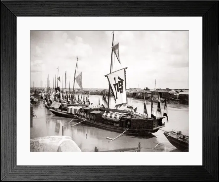 Framed Print : c. 1880s China - Chinese river boats at a quay Framed Print : c. 1880s China - Chinese river boats at a quay