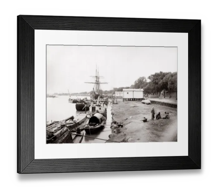 Framed Print : c. 1880s China - boats tied up, Bund, Hankow Wuhan Framed Print : c. 1880s China - boats tied up, Bund, Hankow Wuhan