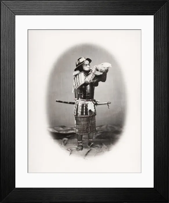 Framed Print : Samurai in armour with conch shell, Japan Framed Print : Samurai in armour with conch shell, Japan